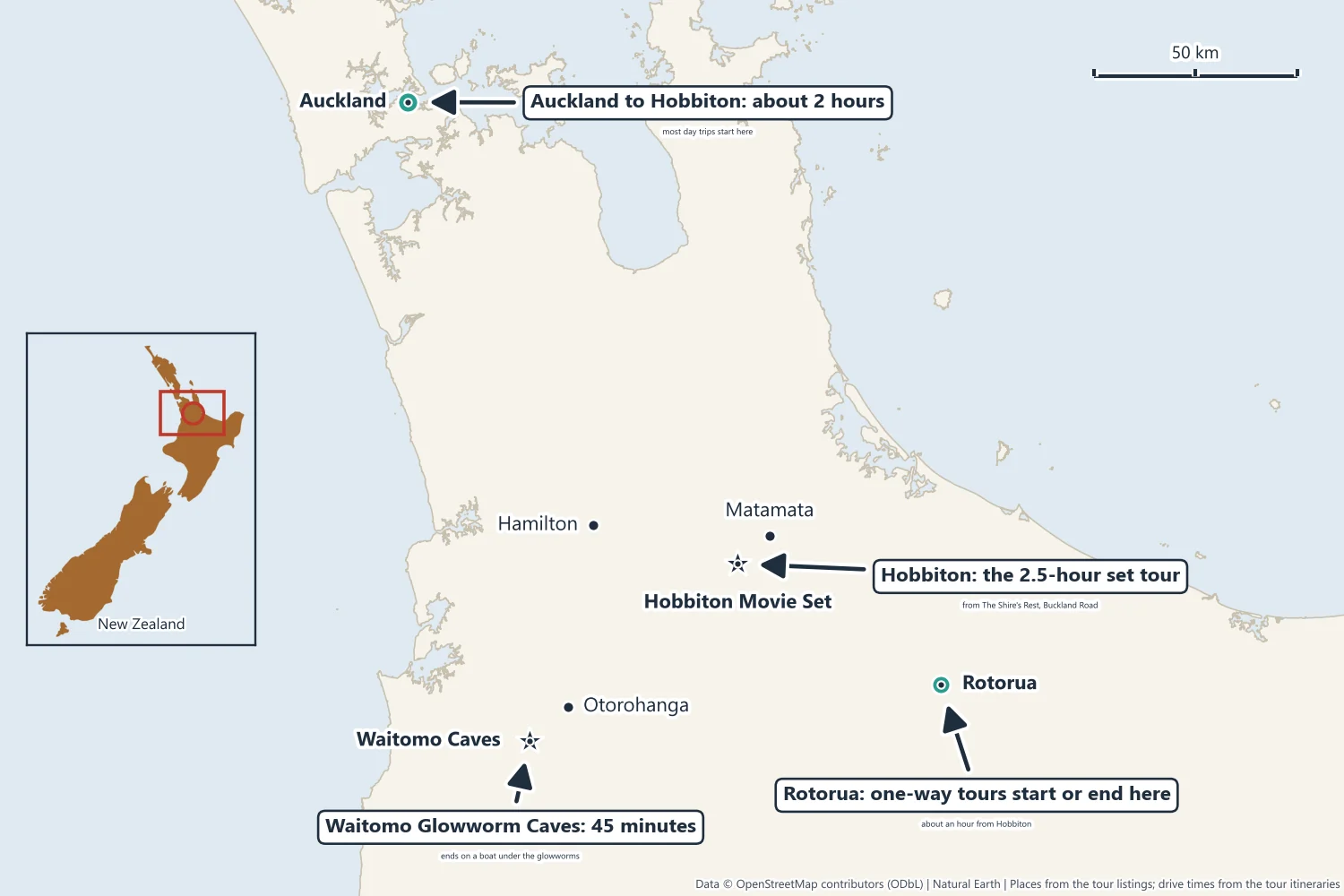 Map of the upper North Island of New Zealand marking Auckland, Hamilton, Matamata and the Hobbiton Movie Set, Waitomo Caves and Rotorua, with a New Zealand locator inset